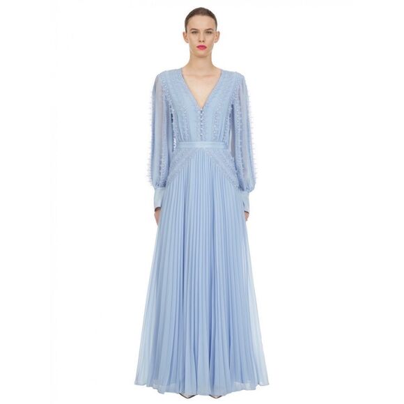 Self Portrait Chiffon Lace Trim Pleated Maxi Dress Light Blue Size 0 - Picture 1 of 12